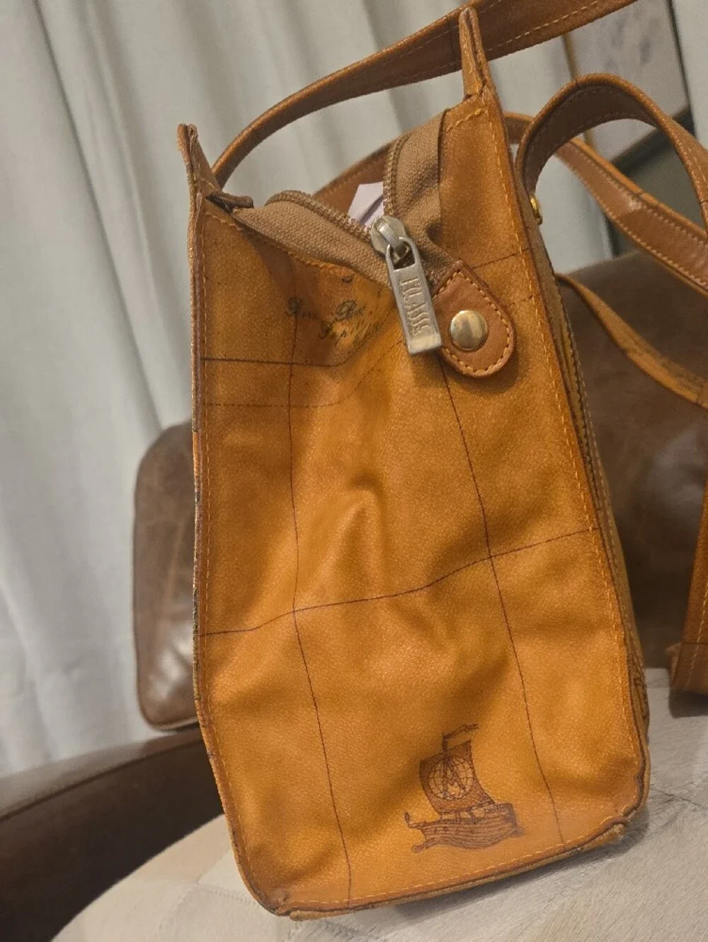 Alviero Martini Tan Map-Print Leather Tote Bag